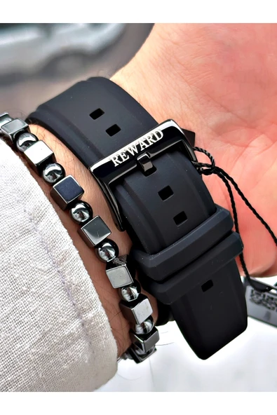 Reward Siyah Renk Spor Şık Dizayn Silikon Erkek Kol Saati + BİLEKLİK HEDİYELİ - Resim 5