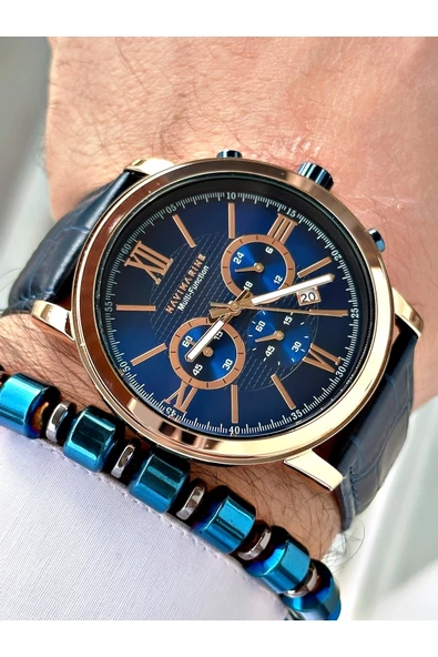Navimarine Lacivert Renk Tüm Fonksiyonlar Aktif Orjinal Deri Erkek Kol Saati + Bileklik Hediyeli - Resim 2
