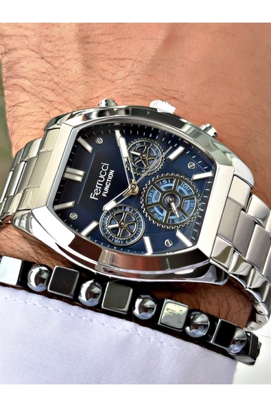 Ferrucci Gümüş Renk Fonksiyonlar Aktif Kare Model Klasik Erkek Kol Saati + BİLEKLİK ürün görseli 1