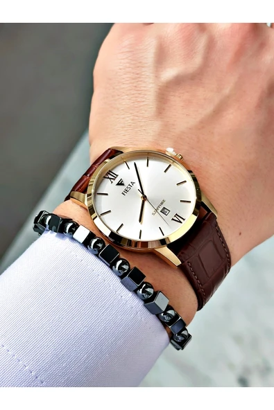 Fiesta Kahve Renk Roma Rakamlı Çelik Kasa Business Erkek Kol Saati + BİLEKLİK - Resim 2