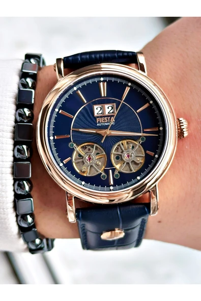 Fiesta Lacivert Renk Çift Türbünlü Deri Kordon Business Otomatik Erkek Kol Saati + BİLEKLİK - Resim 2