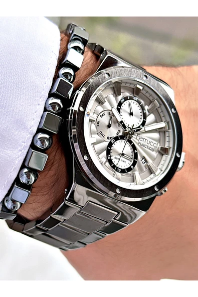 Ferrucci Füme Renk Fonksiyonlar Aktif Spor Çelik Kordon  Erkek Kol Saati + BİLEKLİK ürün görseli 1