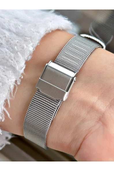 Chaperone Gümüş Renk Mavi Kadran Taşlı Rakamlı Hasır Kadın Kol Saati + Bileklik Hediyeli - Resim 4