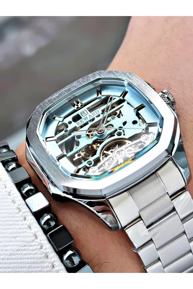 Reward Gümüş Renk Otomatik İskelet Kare Model Mekanizma Erkek Kol Saati + BİLEKLİK - Resim 4