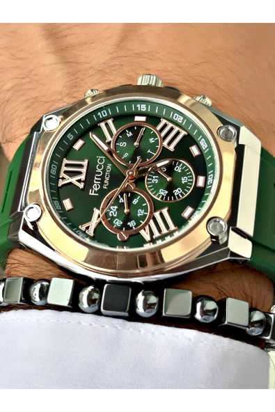 Ferrucci Yeşil Renk Silikon Fonksiyonlar Aktif Spor Erkek Kol Saati + BİLEKLİK - Resim 2