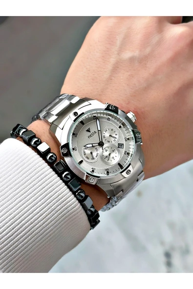 Fiesta Gümüş Renk Fonksiyonlu Çelik Makine Garantili Erkek Kol Saati + BİLEKLİK - Resim 2