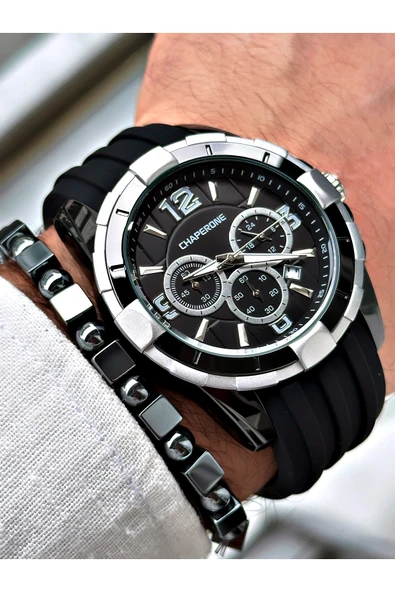 Chaperone Siyah Spor Silikon Fonksiyonlu Şık Dizayn Erkek Kol Saati + BİLEKLİK HEDİYELİ By Reward - Resim 4