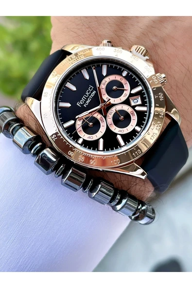 Ferrucci Siyah Rose Gold Renk Silikon Kordon Fonksiyonlu 2 Yıl Garantili Erkek Kol Saati + Bileklik - Resim 3