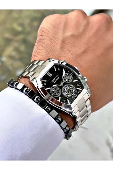 Ferrucci Gümüş Renk Fonksiyonlar Aktif Kare Model Klasik Erkek Kol Saati + BİLEKLİK - Resim 2