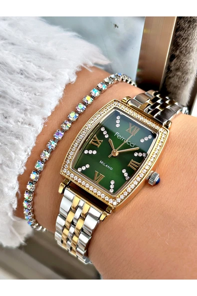 Ferrucci Altın Gümüş Renk Kare Taşlı Model Çelik Kordon Kadın Kol Saati + BİLEKLİK ürün görseli 1
