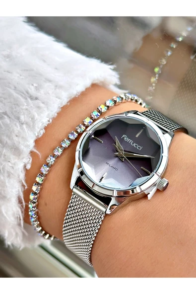 Ferrucci Gümüş Renk Kesme Cam Model Hasır Kordon  Kadın Kol Saati + BİLEKLİK ürün görseli 1