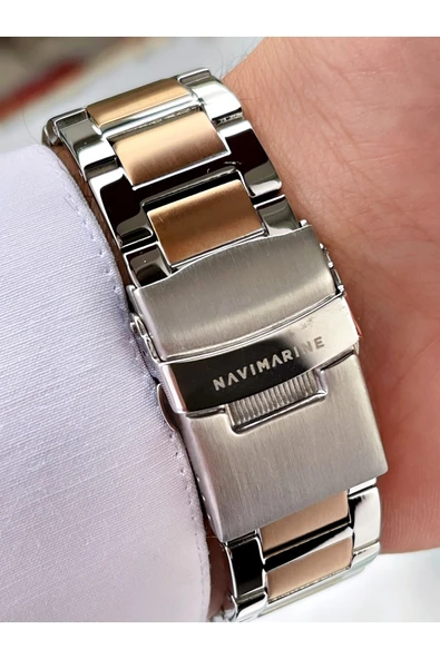 Navimarine Rosegold - Gümüş Renk Fonksiyonlu Çelik Kordon Erkek Kol Saati Bileklik Hediyeli - Resim 3