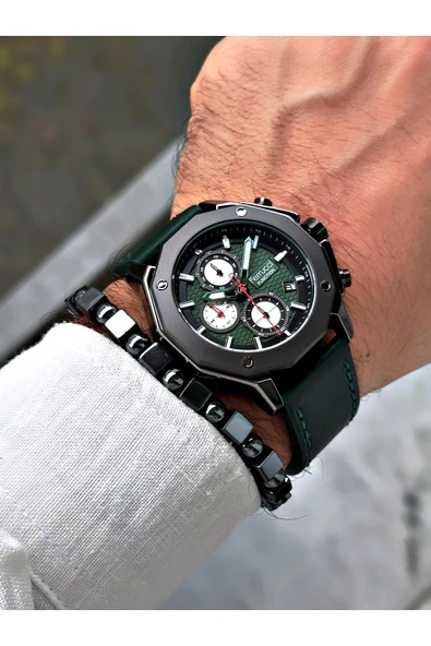 Ferrucci Yeşil Deri Kordon Fonksiyonlu Şık Dizayn Erkek Kol Saati + BİLEKLİK HEDİYELİ - Resim 2
