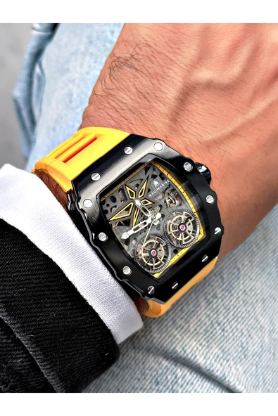 Navimarine Sarı Renk Kare Spor Silikon Otomatik Business Erkek Kol Saati + BİLEKLİK HEDİYELİ - Resim 3