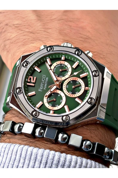 Ferrucci Yeşil Renk Silikon Spor  Erkek Kol Saati + BİLEKLİK HEDİYELİ ürün görseli 1