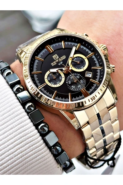 Reward Altın Renk Fonksiyonlar Aktif Ortası Şeritli Çelik Kordon Erkek Kol Saati + BİLEKLİK ürün görseli 1