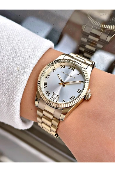 Navimarine Altın Renk Çelik Kordon Kadın Kol Saati Bileklik Hediyeli - Resim 2