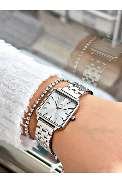 Ferrucci Gümüş Renk Kare Sade Model Büyük Kasa Kadın Kol Saati + BİLEKLİK - Resim 2