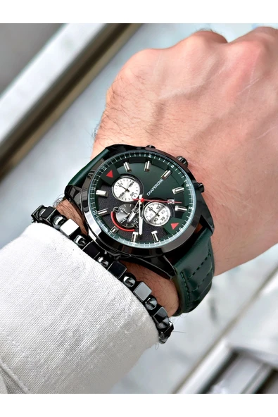 Chaperone Yeşil Deri Kordon Fonskiyonlu Spor Erkek Kol Saati + BİLEKLİK HEDİYELİ By Reward - Resim 2