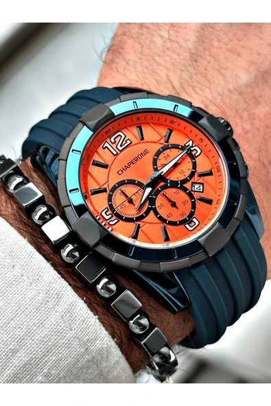 Chaperone Lacivert Spor Silikon Fonksiyonlu Şık Dizayn Erkek Kol Saati + BİLEKLİK HEDİYELİ By Reward - Resim 2