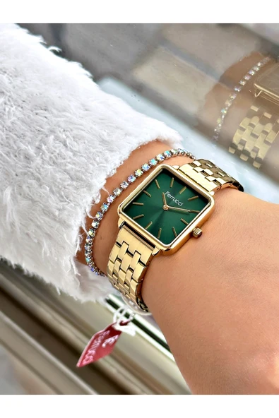 Ferrucci Altın Renk Kare Sade Model Büyük Kasa Kadın Kol Saati + BİLEKLİK - Resim 2