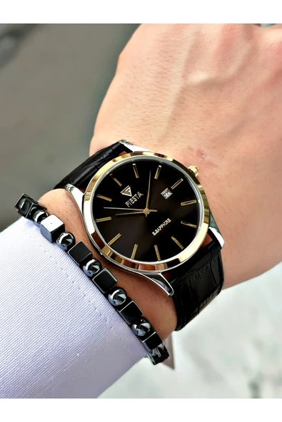 Fiesta Siyah Renk Klasik Sade Model Çelik Kasa Erkek Kol Saati + BİLEKLİK - Resim 2