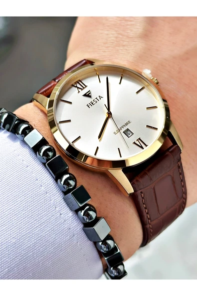 Fiesta Kahve Renk Roma Rakamlı Çelik Kasa Business Erkek Kol Saati + BİLEKLİK - Resim 3