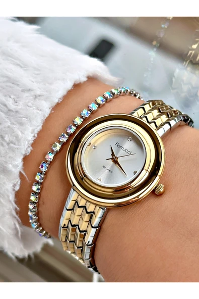 Ferrucci Altın Gümüş Renk Sade Model Kadın Kol Saati + BİLEKLİK ürün görseli 1