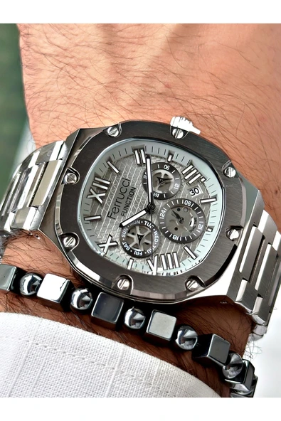 Ferrucci Gümüş Renk Kare Roma Rakamlı  Erkek Kol Saati + BİLEKLİK HEDİYELİ ürün görseli 1