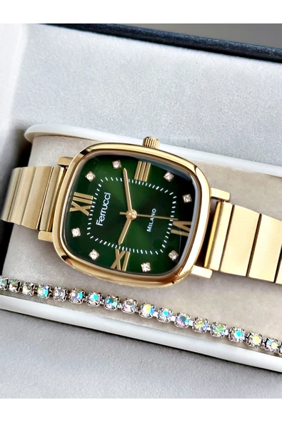 Ferrucci Altın Renk Kare Model Roma Rakamlı Şık Dizayn Kadın Kol Saati + BİLEKLİK - Resim 2