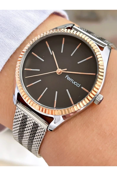 Ferrucci Siyah Gümüş Çift Renk Klasik Hasır Kadın Kol Saati ürün görseli 1