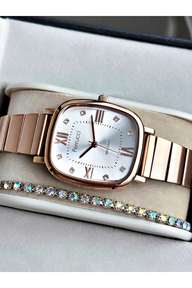 Ferrucci Bakır Renk Kare Model Roma Rakamlı Şık Dizayn Kadın Kol Saati Bileklik ürün görseli 1