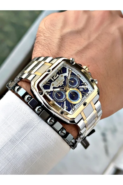 GÜMÜŞ Gümüş Renk Kare Model Çelik Kordon  Erkek Kol Saati + Bileklik - Resim 4