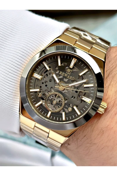 Reward Altın Renk Çelik Kordon Otomatik Business Erkek Kol Saati + Bileklik Hediyeli ürün görseli 1