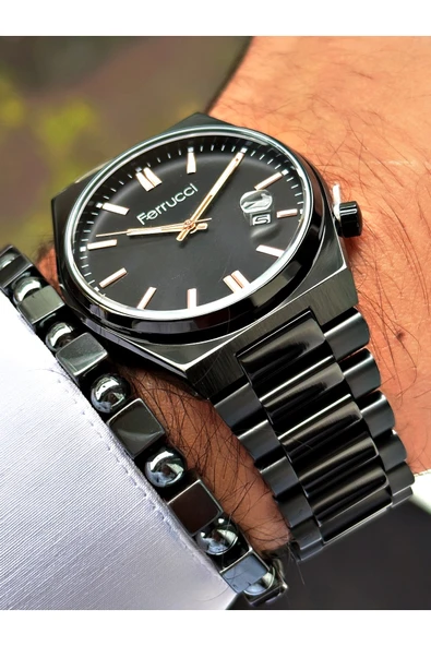 Ferrucci Siyah Renk Klasik Takvimli Çelik Model Erkek Kol Saati + BİLEKLİK HEDİYELİ - Resim 4