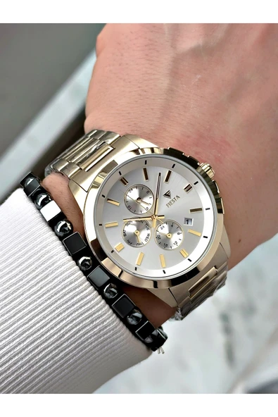 Fiesta Altın Renk Fonksiyonlar Aktif Elite Çelik Erkek Kol Saati + BİLEKLİK - Resim 2