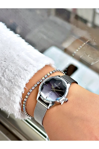 Ferrucci Gümüş Renk Kesme Cam Model Hasır Kordon  Kadın Kol Saati + BİLEKLİK - Resim 2