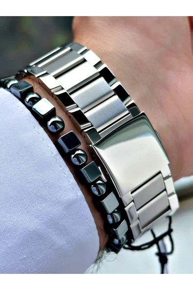 Ferrucci Gümüş Renk Kare Klasik Çelik Kordon Erkek Kol Saati + BİLEKLİK - Resim 4