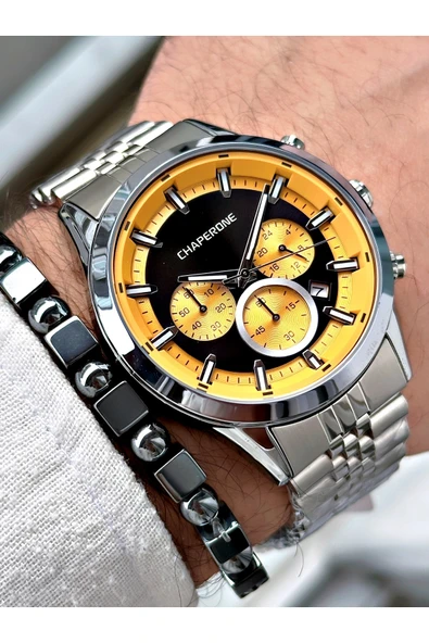 Chaperone Gümüş Renk  Çelik Kordon Fonksiyonlu Erkek Kol Saati + BİLEKLİK HEDİYELİ By Reward - Resim 3