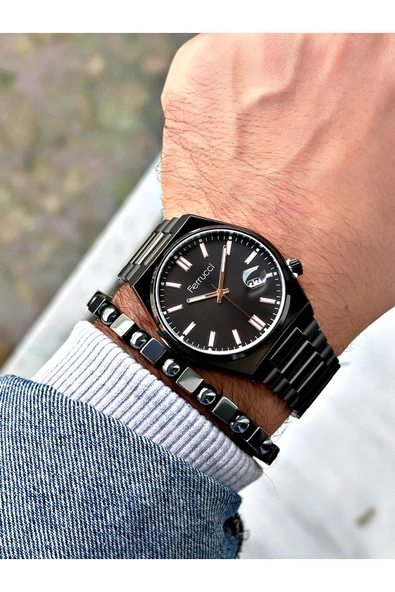 Ferrucci Siyah Renk Klasik Takvimli Çelik Kordon Erkek Kol Saati + BİLEKLİK - Resim 2