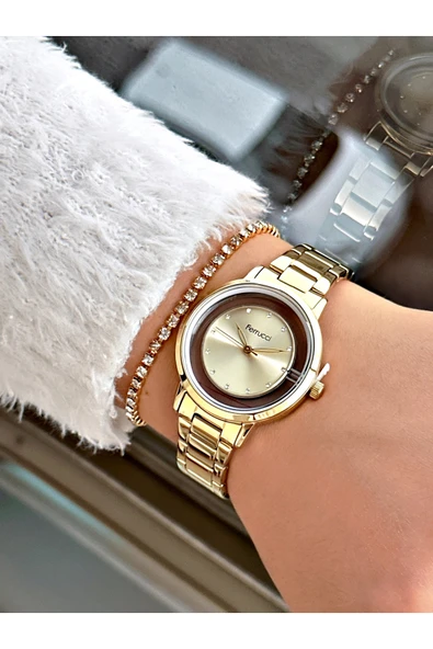 Ferrucci Altın Renk Çelik Kordon Taşlı Kasa Kadın Kol Saati + Bileklik Hediyeli - Resim 2