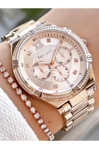 Ferrucci Rose Gold Renk Büyük Kasa Roma Rakamlı Kadın Kol Saati + Bileklik Hediyeli - Resim 3