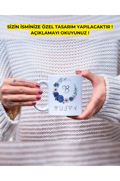 Baş Harf Çiçek Çerçeve Kupa Bardak Kişiye Özel Baskılı Hediye Bardak Mug Kahve Bardağı - Resim 2