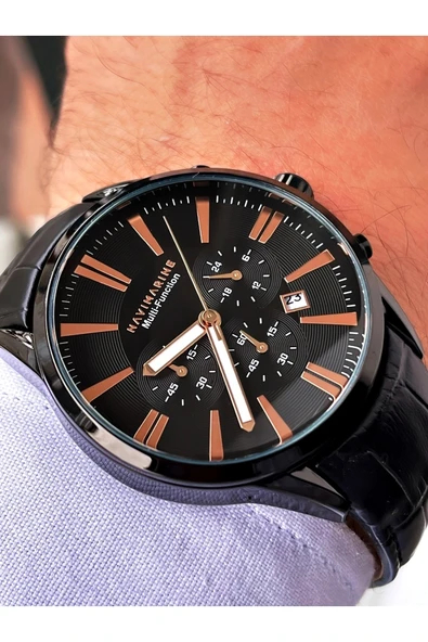 Navimarine Siyah Renk Deri Kordon Erkek Kol Saati Bileklik Hediyeli ürün görseli 1