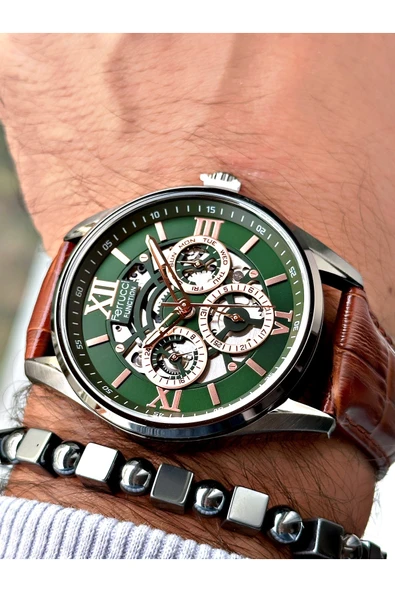 Ferrucci Kahverengi Deri Kordon Fonksiyonlu Erkek Kol Saati + BİLEKLİK HEDİYELİ ürün görseli 1