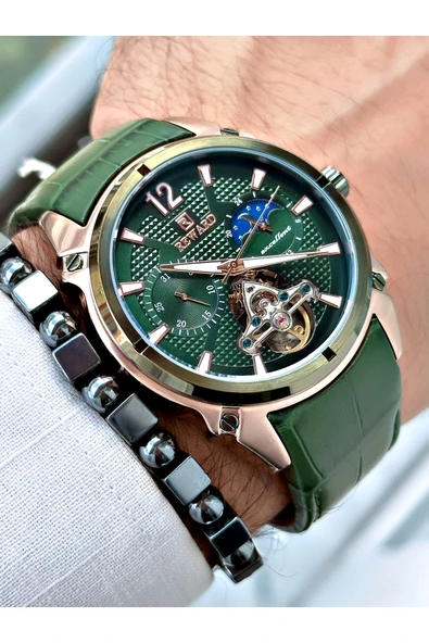 Reward Yeşil Renk Deri Kordon Çelik Kasa  Mekanizma Lüx Erkek Kol Saati + BİLEKLİK HEDİYELİ - Resim 4