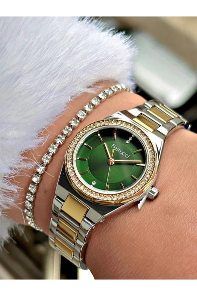Ferrucci Altın Gümüş Renk Sade Tasarım Taşlı Çelik Kordon Kadın Kol Saati + BİLEKLİK HEDİYELİ - Resim 4