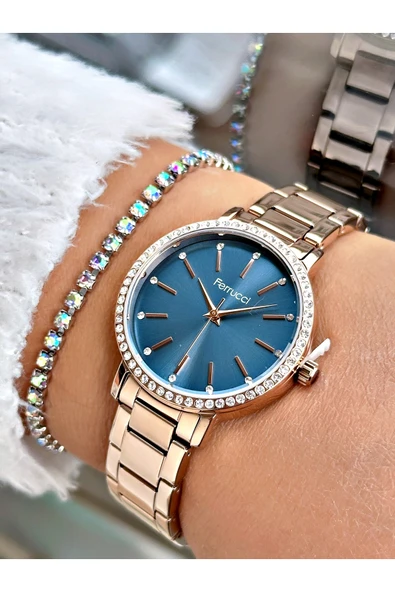 Ferrucci Rose Gold Renk Sade Taşlı Model  Garantili Kadın Kol Saati + BİLEKLİK - Resim 3