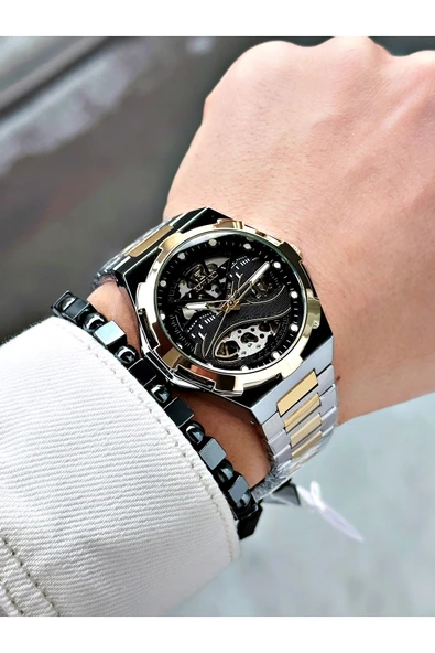 Reward Altın Gümüş Renk Kabe Desen Otomatik Mekanizma Erkek Kol Saati + BİLEKLİK - Resim 2