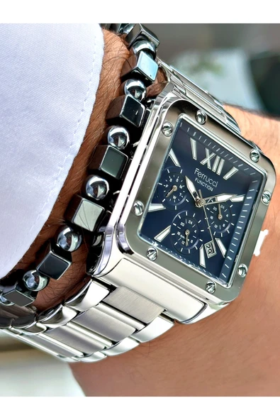 Ferrucci Gümüş Renk Kare Fonksiyonlar Aktif  Erkek Kol Saati + BİLEKLİK ürün görseli 1